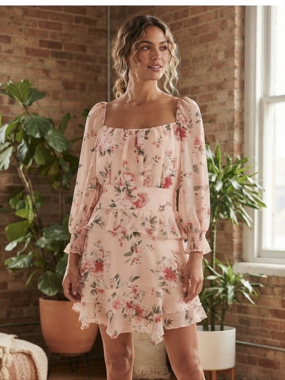 Exlura Pink Floral Chiffon Ruffle Dress Size XL NWT